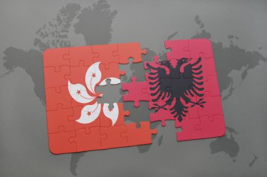 bir dünya haritası arka plan üzerinde hong kong ve arnavutluk ulusal bayrağı ile bulmaca.