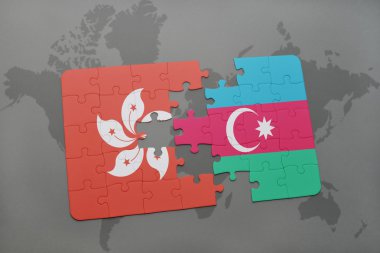 hong kong ve azerbaycan ulusal bayrağı ile bulmaca bir dünya haritası arka plan üzerinde.