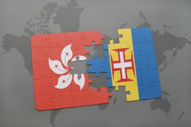 hong kong ve madeira dünya harita arka plan üzerinde bayrağı ile bulmaca.