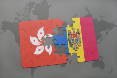 hong kong ve dünya harita arka plan üzerinde moldova bayrağı ile bulmaca.