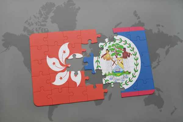 Puzzel met de nationale vlag van Hong Kong en Belize op een wereld kaart achtergrond. — Stockfoto