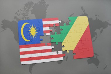 bir dünya haritası arka plan üzerinde Malezya ve Kongo Cumhuriyeti ulusal bayrağı ile bulmaca.