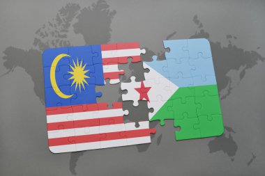 bir dünya haritası arka plan üzerinde malezya ve cibuti ulusal bayrağı ile bulmaca.