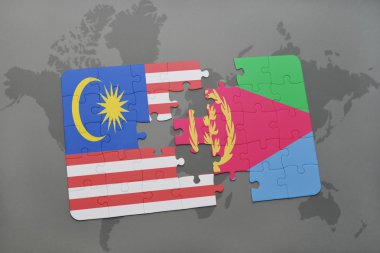 bir dünya haritası arka plan üzerinde malezya ve eritre ulusal bayrağı ile bulmaca.