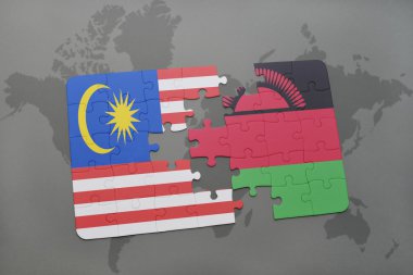 bir dünya haritası arka plan üzerinde malezya ve malavi ulusal bayrağı ile bulmaca.