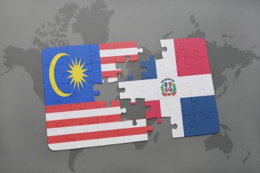 bir dünya haritası arka plan üzerinde Malezya ve Dominik Cumhuriyeti ulusal bayrağı ile bulmaca.