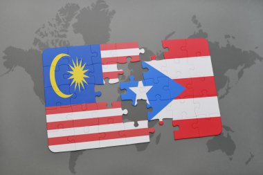 bir dünya haritası arka plan üzerinde malezya ve porto riko ulusal bayrağı ile bulmaca.