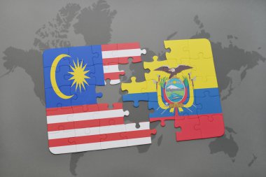 bir dünya haritası arka plan üzerinde malezya ve ekvador ulusal bayrağı ile bulmaca.