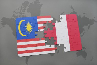 bir dünya haritası arka plan üzerinde malezya ve peru ulusal bayrağı ile bulmaca.
