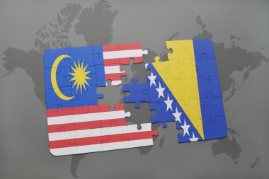 bir dünya haritası arka plan üzerinde malezya ve bosna-hersek ulusal bayrağı ile bulmaca.