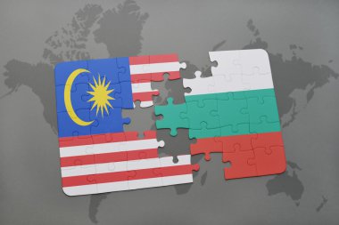 bir dünya haritası arka plan üzerinde malezya ve bulgaristan ulusal bayrağı ile bulmaca.