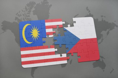 bir dünya haritası arka plan üzerinde Malezya ve Çek Cumhuriyeti ulusal bayrağı ile bulmaca.