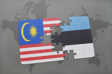 bir dünya haritası arka plan üzerinde malezya ve estonya ulusal bayrağı ile bulmaca.