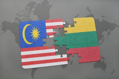Dünya harita arka plan üzerinde Malezya ve Litvanya Ulusal bayrakla bulmaca.