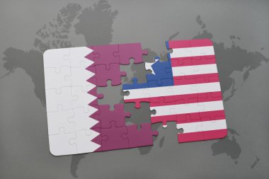 bir dünya haritası arka plan üzerinde Katar ve liberya ulusal bayrağı ile bulmaca.