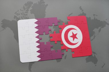 bir dünya haritası arka plan üzerinde Katar ve Tunus ulusal bayrağı ile bulmaca.