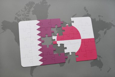 bir dünya haritası arka plan üzerinde Katar ve grönland ulusal bayrağı ile bulmaca.