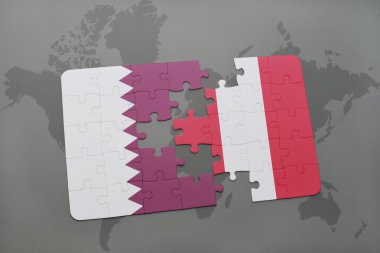 bir dünya haritası arka plan üzerinde Katar ve Peru ulusal bayrağı ile bulmaca.
