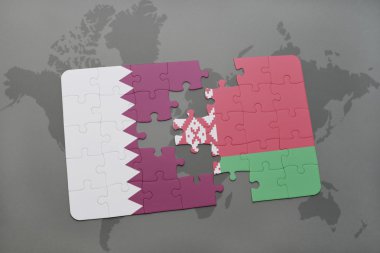 bir dünya haritası arka plan üzerinde Katar ve Beyaz Rusya ulusal bayrağı ile bulmaca.