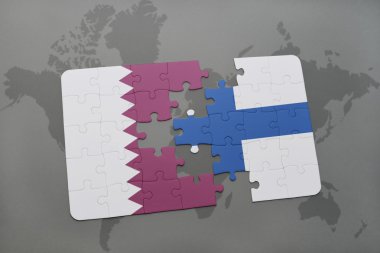 bir dünya haritası arka plan üzerinde Katar ve Finlandiya ulusal bayrağı ile bulmaca.