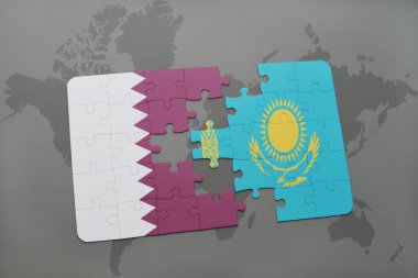 bir dünya haritası arka plan üzerinde Katar ve Kazakistan ulusal bayrağı ile bulmaca.