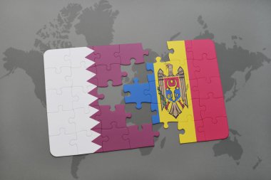 Katar ve dünya harita arka plan üzerinde moldova bayrağı ile bulmaca.