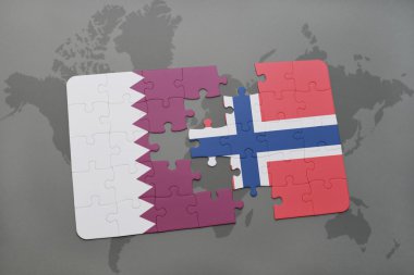 Katar ve Norveç ulusal bayrak dünya harita arka plan üzerinde ile bulmaca.