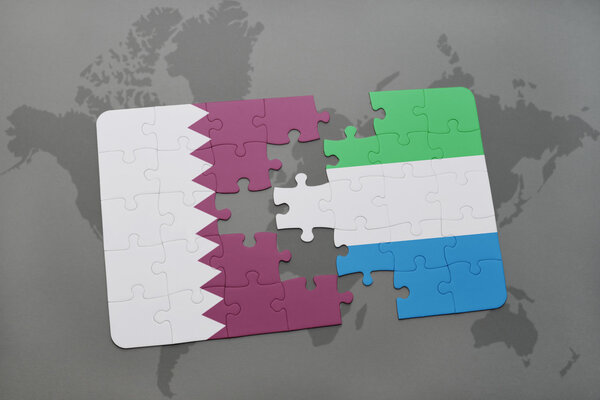 puzzle with the national flag of qatar and sierra leone on a world map background.