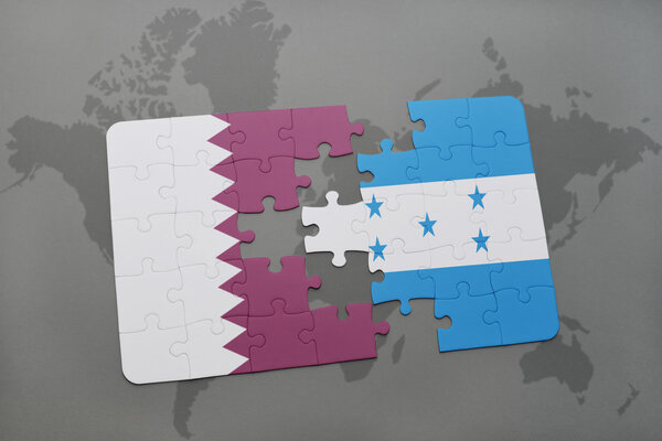 puzzle with the national flag of qatar and honduras on a world map background.