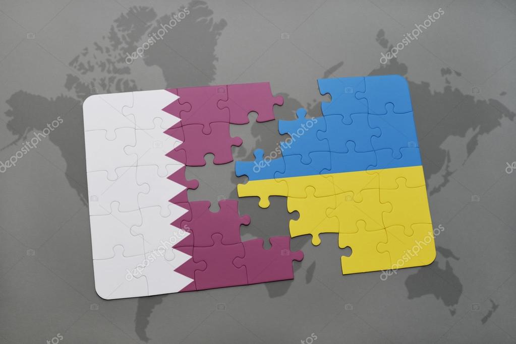 Puzzle with the national flag of qatar and ukraine on a world map background. 3D illustration