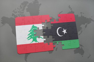 bir dünya haritası arka plan üzerinde Lübnan ve Libya ulusal bayrağı ile bulmaca.