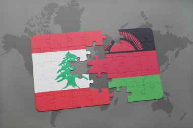 bir dünya haritası arka plan üzerinde Lübnan ve malavi ulusal bayrağı ile bulmaca.