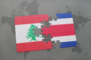 bir dünya haritası arka plan üzerinde Lübnan ve Kosta Rika ulusal bayrağı ile bulmaca.