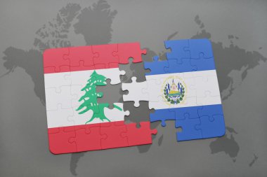 bir dünya haritası arka plan üzerinde lübnan ve el salvador ulusal bayrağı ile bulmaca.