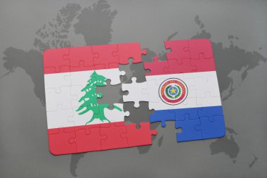 bir dünya haritası arka plan üzerinde Lübnan ve Paraguay ulusal bayrağı ile bulmaca.