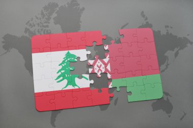 bir dünya haritası arka plan üzerinde Lübnan ve Beyaz Rusya ulusal bayrağı ile bulmaca.