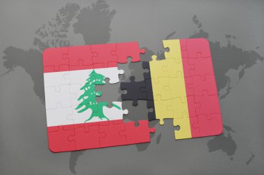 bir dünya haritası arka plan üzerinde Lübnan ve Belçika ulusal bayrağı ile bulmaca.