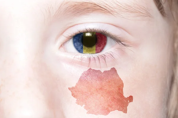 Human's face with national flag and map of romania. — Stock Photo, Image