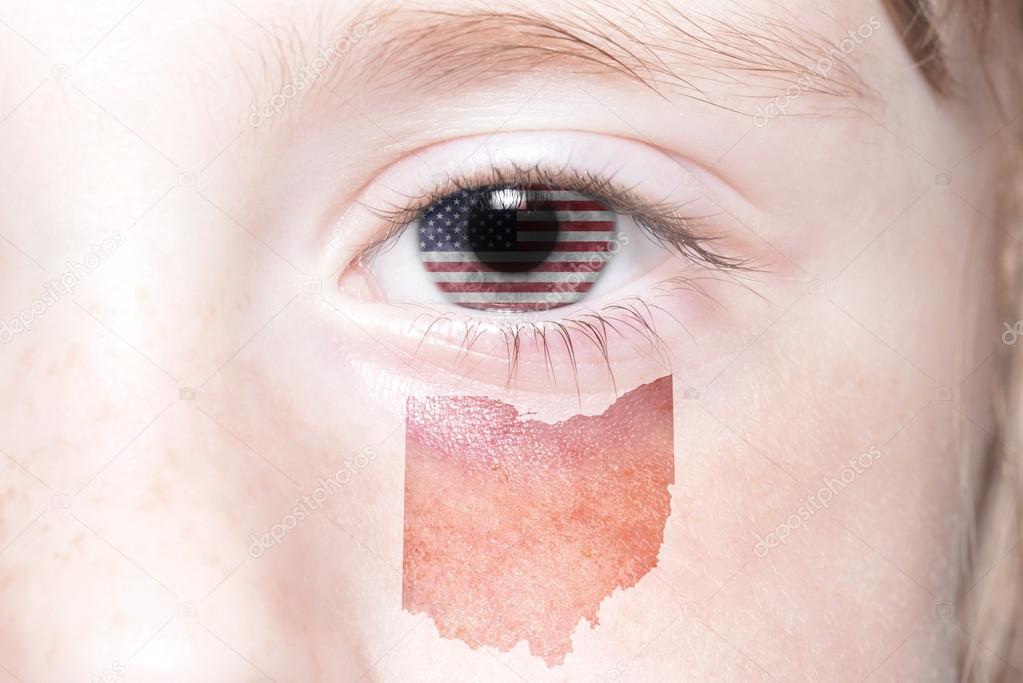 human's face with national flag of united states of america and ohio state map