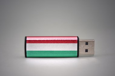 gri arka planda macaristan ulusal bayrağı ile usb flash sürücü.