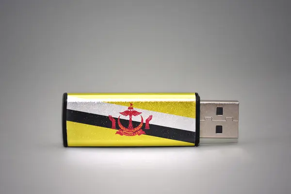 USB flash drive con la bandiera nazionale del brunei su sfondo grigio . — Foto Stock