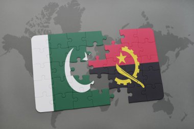 bir dünya haritası arka plan üzerinde pakistan ve angola ulusal bayrağı ile bulmaca.