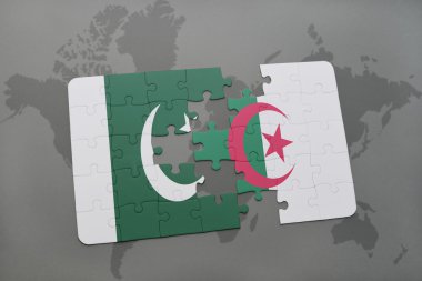 bir dünya haritası arka plan üzerinde pakistan ve cezayir ulusal bayrağı ile bulmaca.