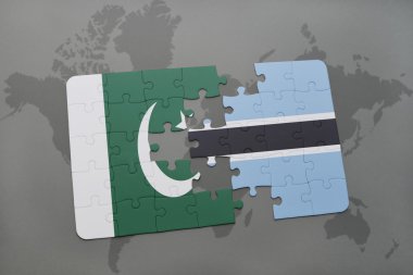 bir dünya haritası arka plan üzerinde pakistan ve botsvana ulusal bayrağı ile bulmaca.