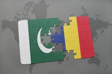 bir dünya haritası arka plan üzerinde pakistan ve çad ulusal bayrağı ile bulmaca.