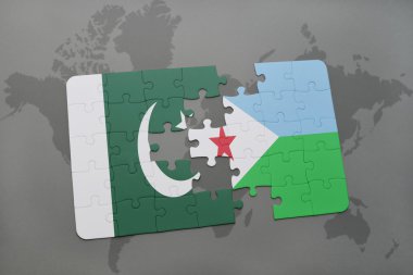 bir dünya haritası arka plan üzerinde pakistan ve cibuti ulusal bayrağı ile bulmaca.