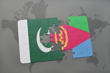bir dünya haritası arka plan üzerinde pakistan ve eritre ulusal bayrağı ile bulmaca.