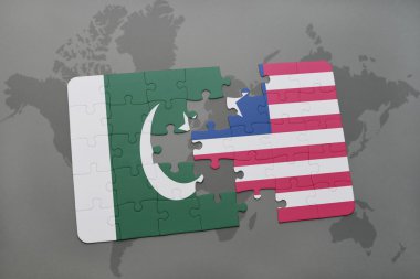 bir dünya haritası arka plan üzerinde pakistan ve liberya ulusal bayrağı ile bulmaca.