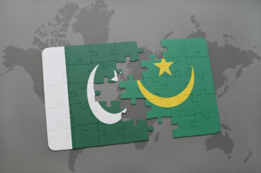 bir dünya haritası arka plan üzerinde pakistan ve moritanya ulusal bayrağı ile bulmaca.