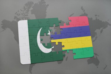 bir dünya haritası arka plan üzerinde pakistan ve mauritius ulusal bayrağı ile bulmaca.